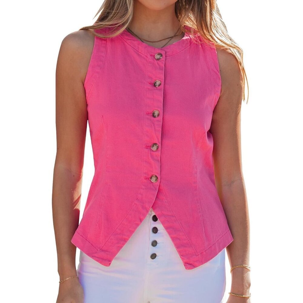 Women's Hot Pink Sleeveless Strechy Jean Vest Top Button Down Denim Vest